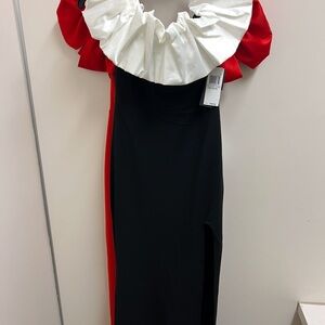 Red and Black One Shoulder Sheath Dress with Flutter Sleeves